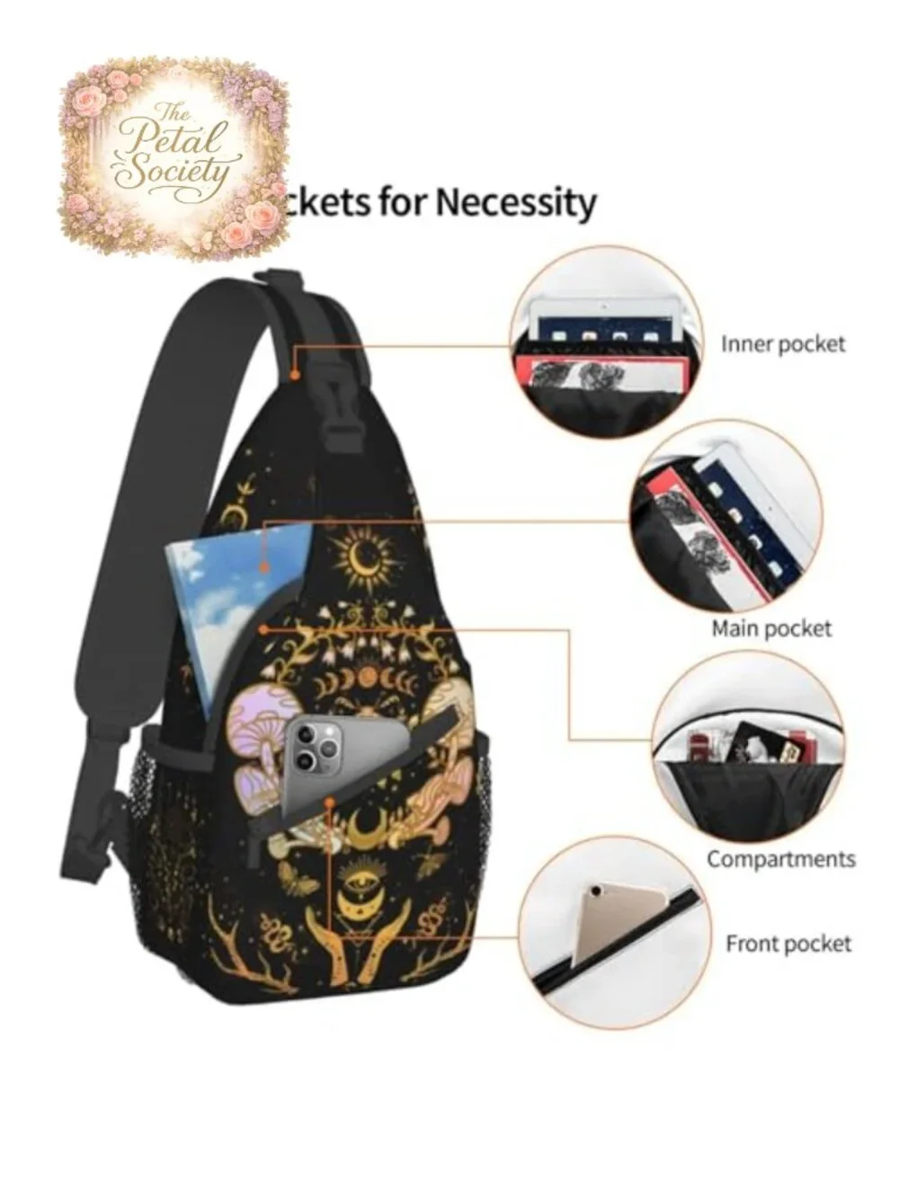 Witchy Crossbody Sling Bag with Moth Moon Mushroom Print, Polyester Travel Bag